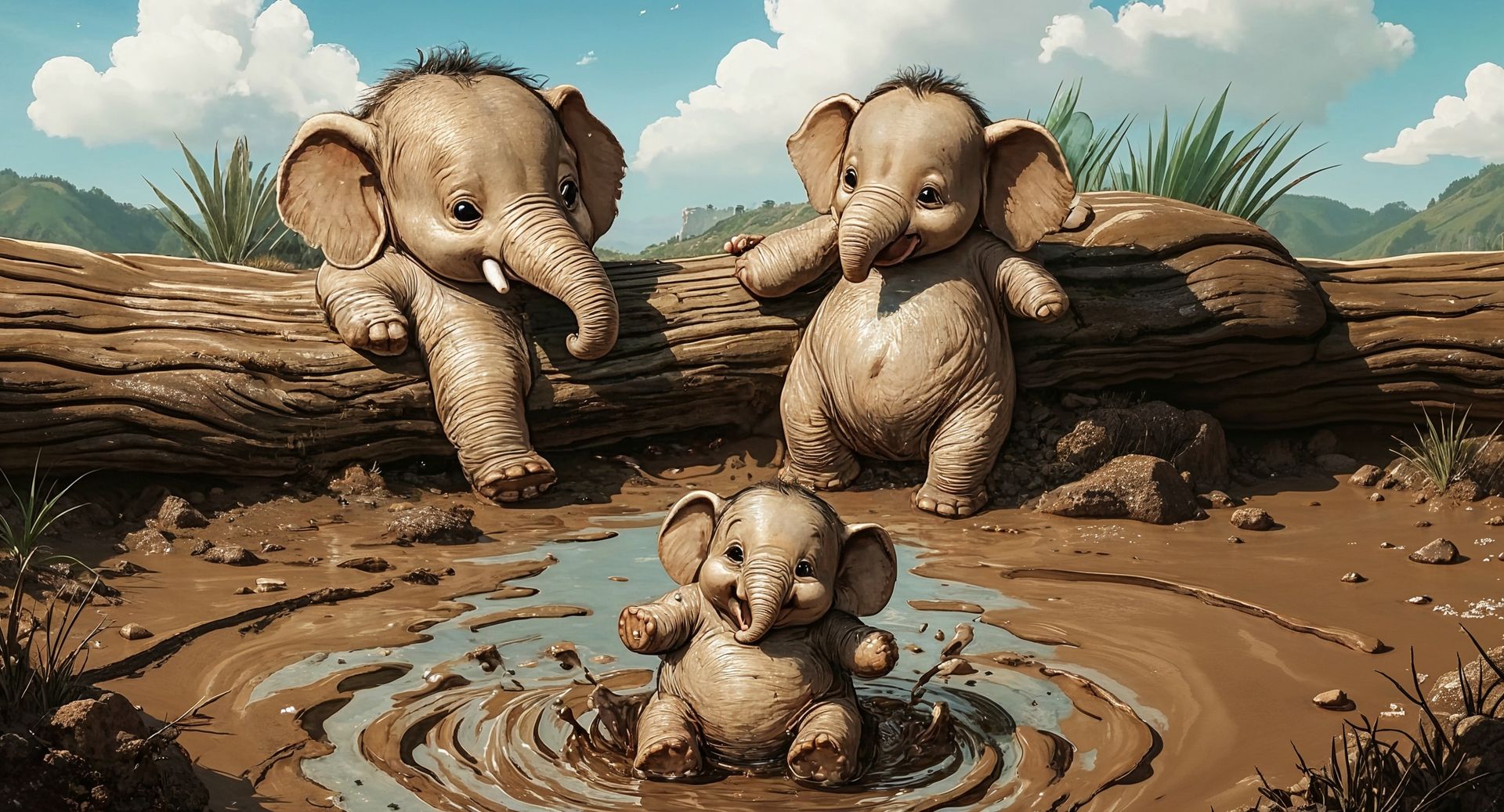 A painterly illustration of three adorable baby elephants splashing happily in a muddy puddle near a fallen log. Two elephants lean over the log watching as a third sits in the puddle, spraying mud with its trunk. The scene is warm, playful, and educational — matching the gentle George and Mummy storytelling style.