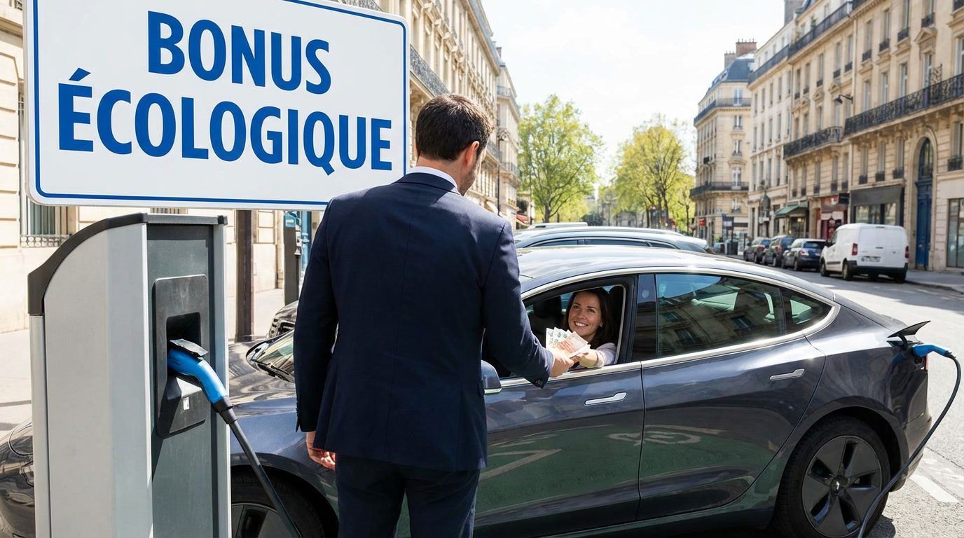Femme assis dans sa voiture, reçoit d'un homme d'état son bonus écologique