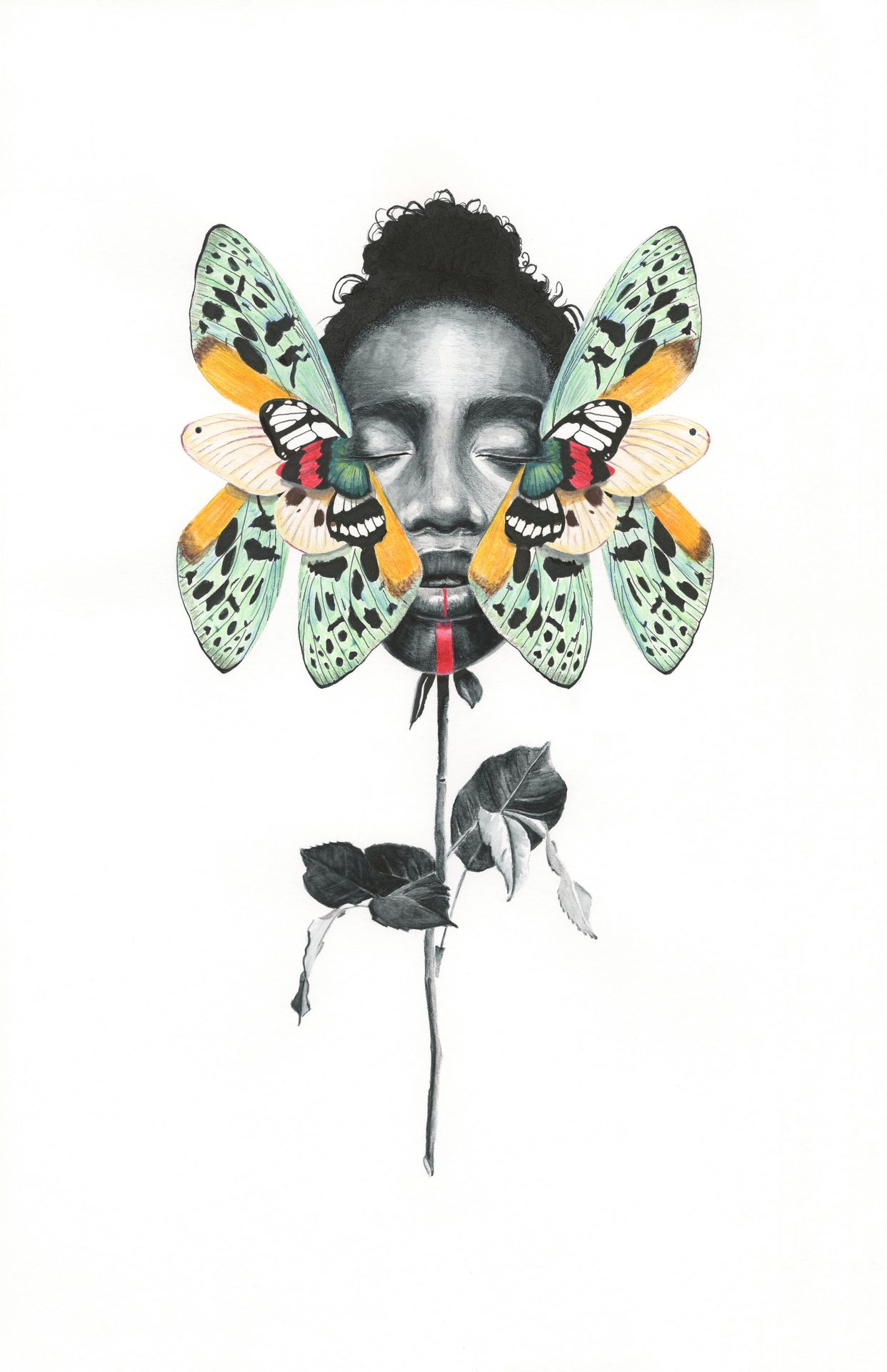 Watercolor and mixed media flowerfly figure by Jane the Stranger — dark-skinned female head as flower, large mint and yellow moths with open wings, closed eyes, red mark at chin, rose stem