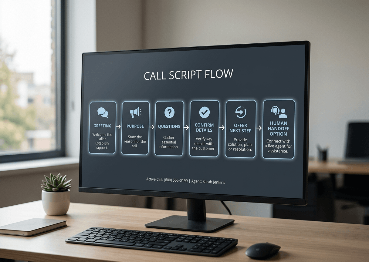 Simple call script flow diagram from greeting to human handoff. Simple call script flow diagram from greeting to human handoff.