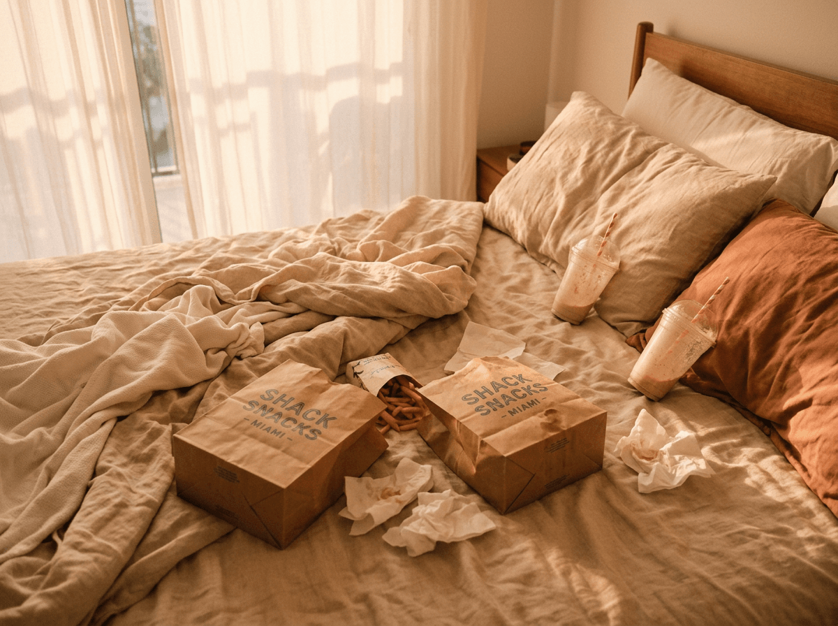 Takeout bags and milkshake cups scattered across unmade bed sheets in afternoon light
