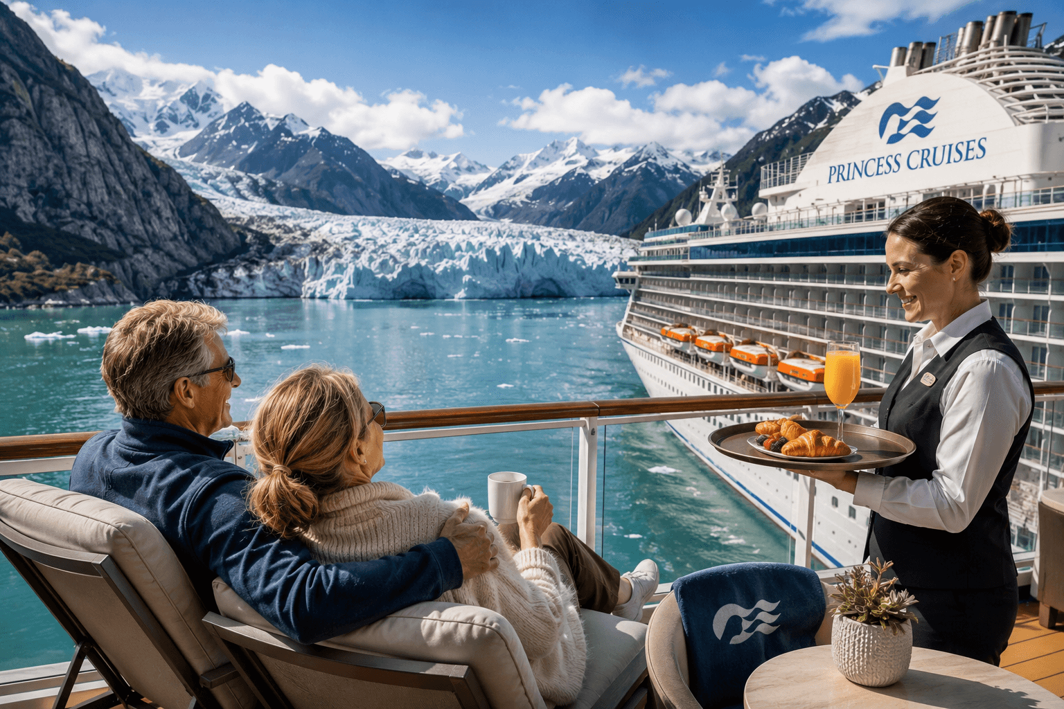 Couple enjoys glacier views from a Princess Cruises balcony in beautiful Alaska. Couple enjoys glacier views from a Princess Cruises balcony in beautiful Alaska.