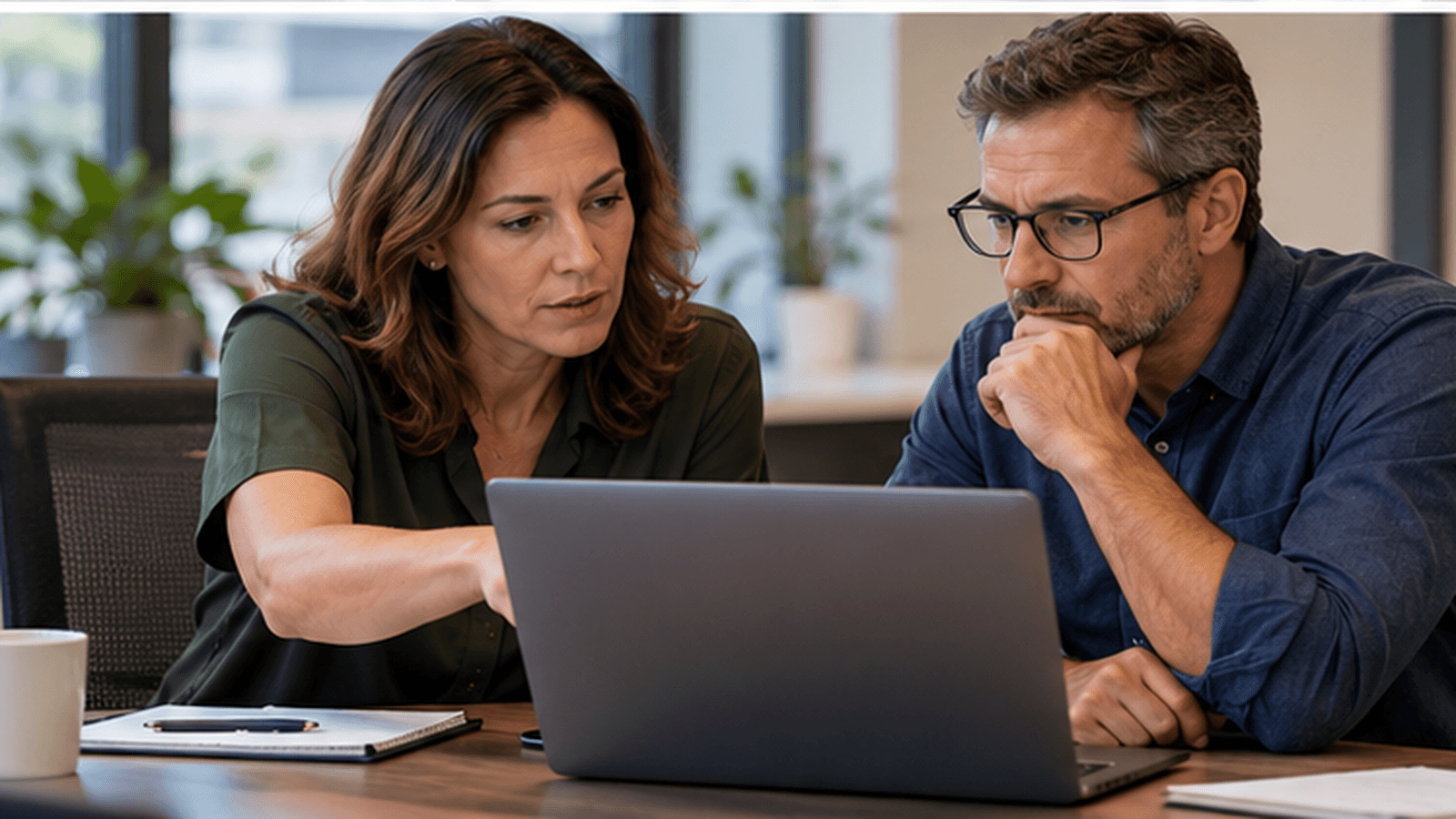 Two business colleagues reviewing technology systems and security responsibilities together on a laptop. Two business colleagues reviewing technology systems and security responsibilities together on a laptop.
