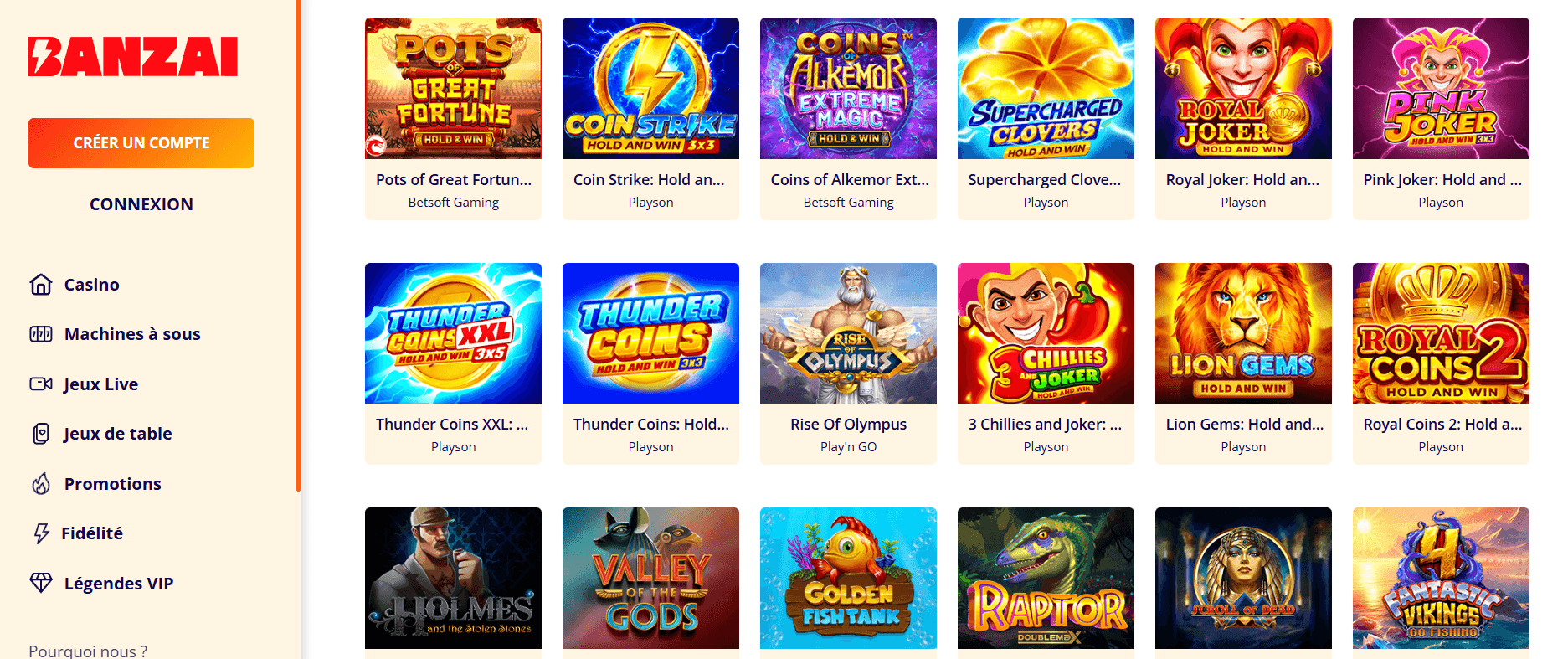 Liste machine à sous Banzai Casino Liste machine à sous Banzai Casino