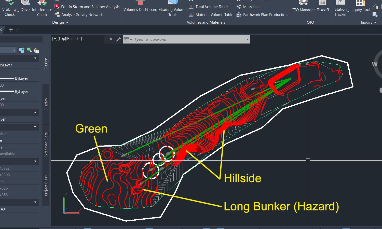 AutoCAD Civil 3D screenshot of Diagram showing relationship between hillside, bunkers and green.