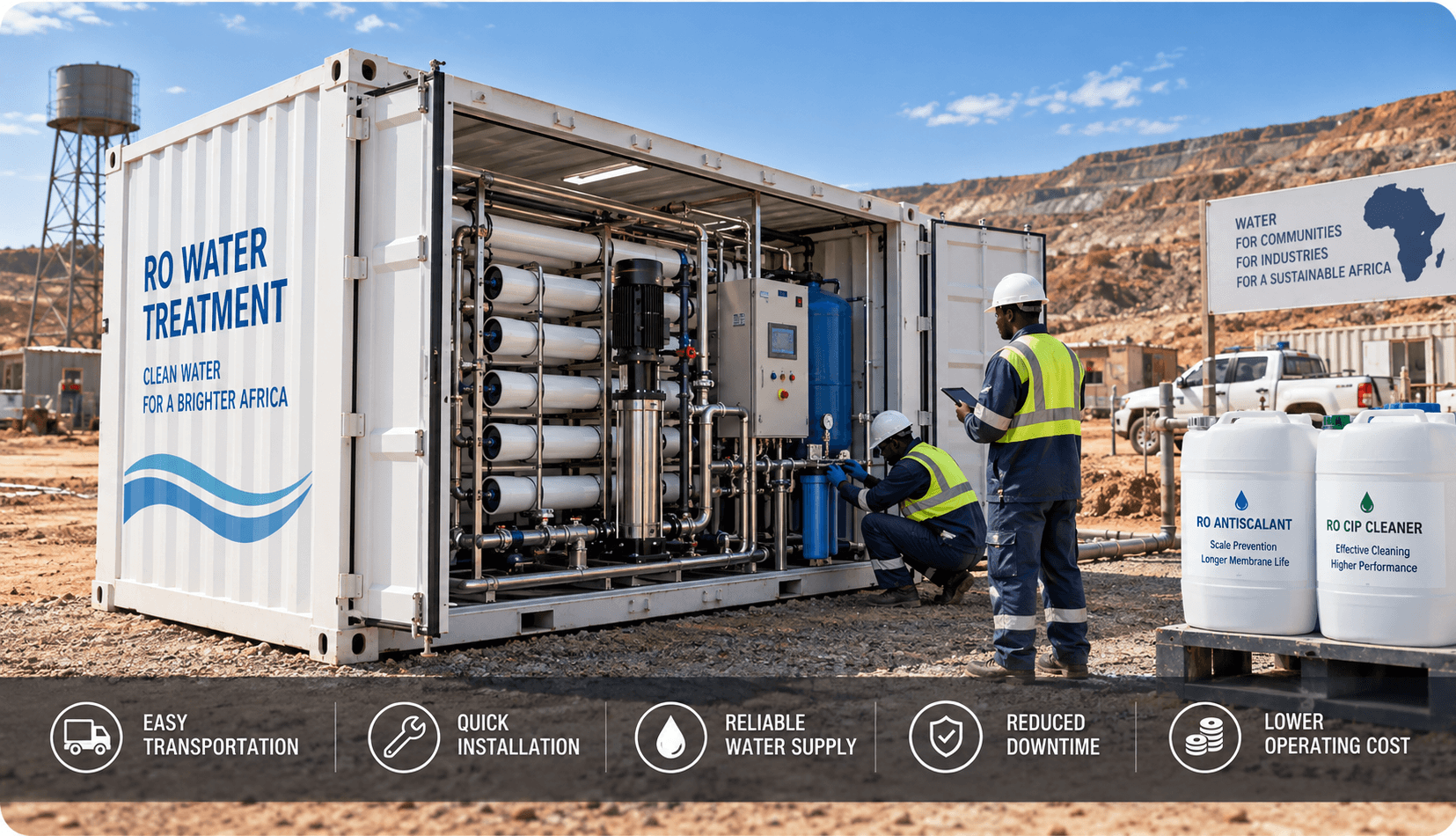 Modern water treatment facility with large cylindrical tanks, stainless steel piping, and technician monitoring control systems in expansive industrial space with professional lighting