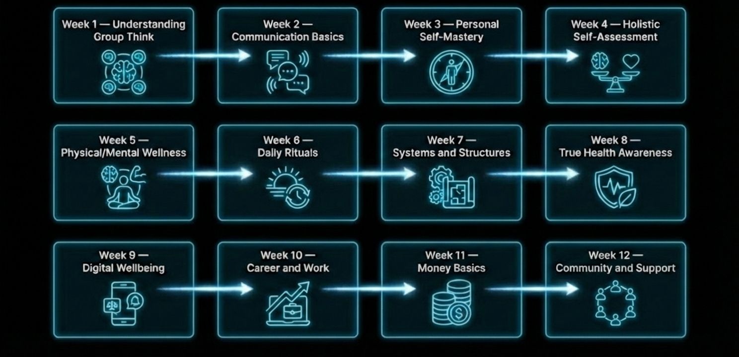 12 Week Program Overview showing weekly topics from Understanding Group Think to Community and Support