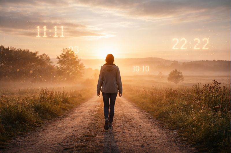 Pessoa caminha sozinha por uma estrada ao amanhecer com horas iguais no céu, simbolizando direção interna, sincronicidade e o uso consciente das mensagens percebidas no cotidiano.