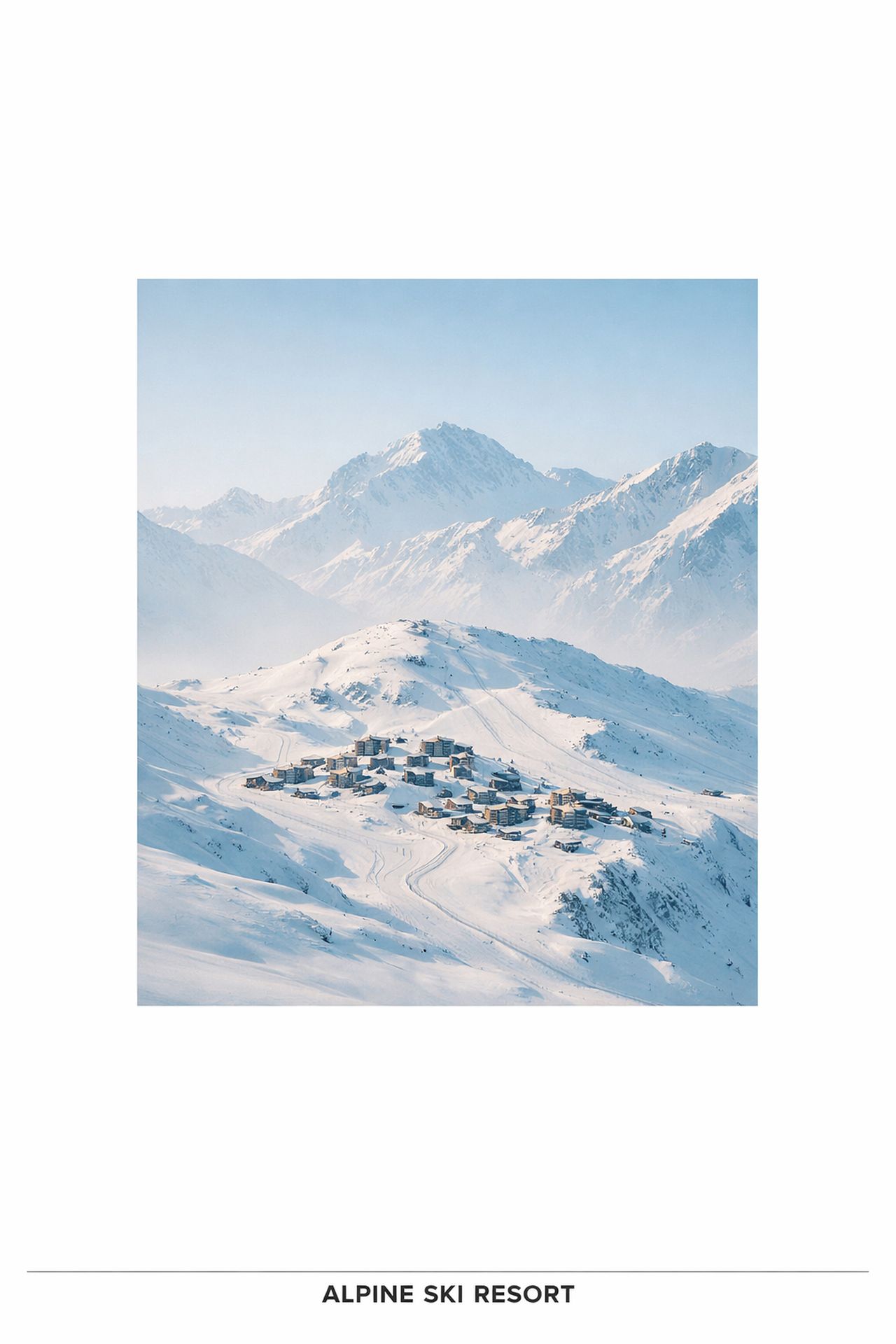 photographie minimaliste écologique station de ski alpine, village isolé dans la montagne enneigée photographie minimaliste écologique station de ski alpine, village isolé dans la montagne enneigée