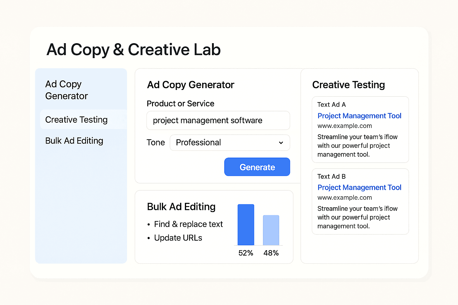 Generate 10–50 ad variations with AI, auto-test them, and sync headlines with your landing page.