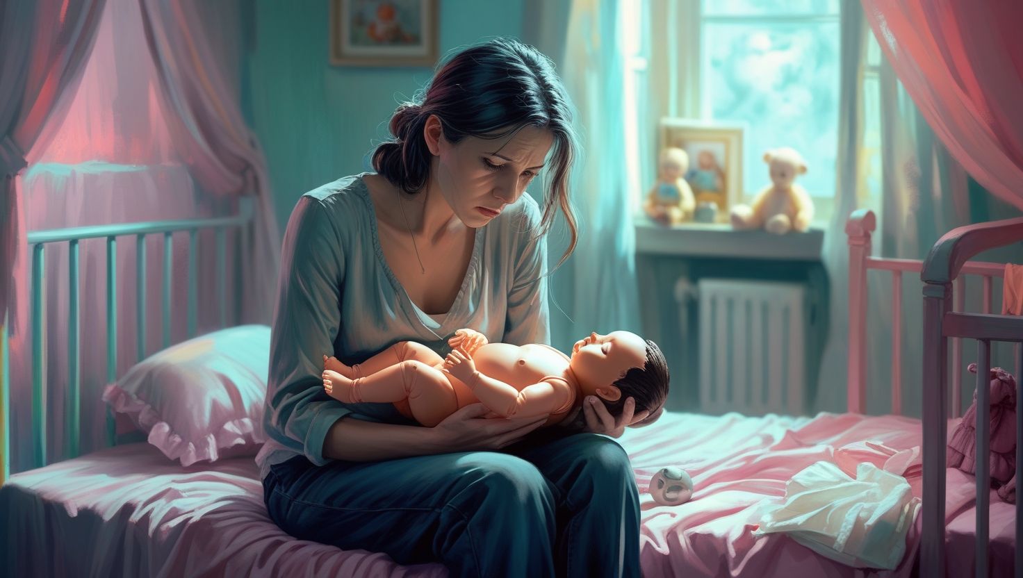 Mulher cansada sentada na cama segurando um bebê reborn nos braços, em um quarto infantil com iluminação suave. Mulher cansada sentada na cama segurando um bebê reborn nos braços, em um quarto infantil com iluminação suave.
