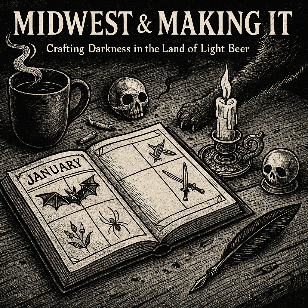 Vintage gothic illustration of a cluttered desk scene with an open planner marked 'January,' surrounded by a skull, candle, dagger, quill, coffee mug, and a cat’s paw — capturing the dark creative vibe of Midwest & Making It.