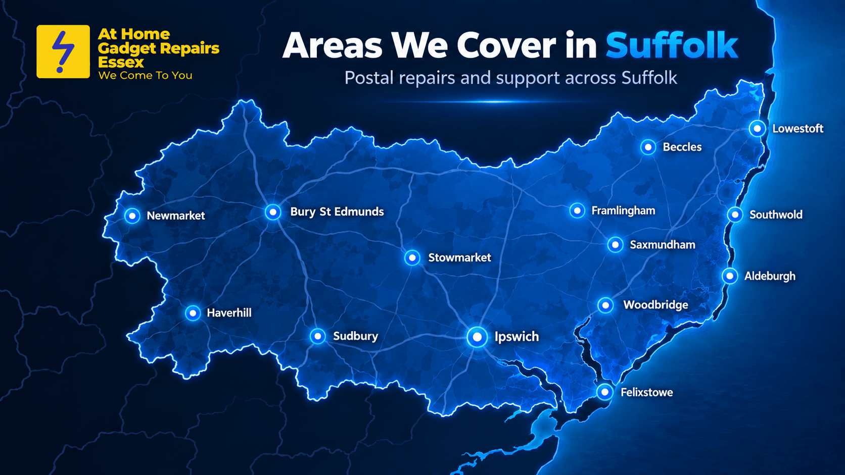 Map showing Suffolk towns covered by the postal gadget repair service