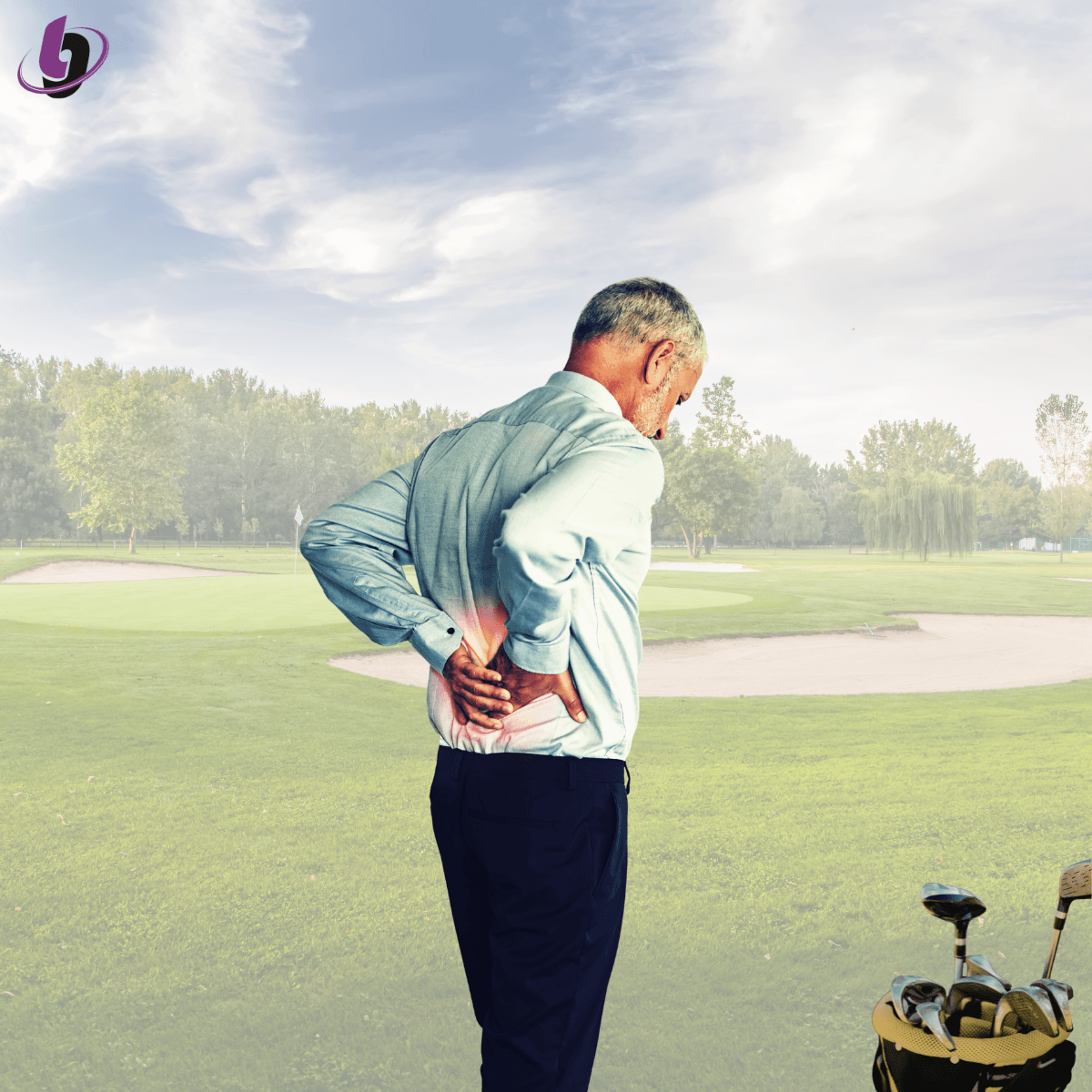 Golfer standing on course holding lower back in pain highlighting common golf injury caused by poor movement mechanics