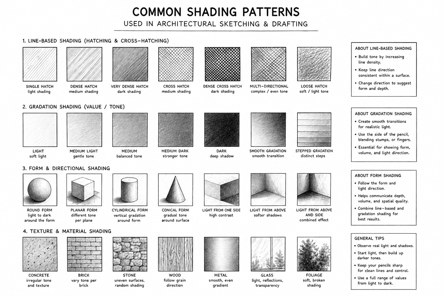 Common Shading Patterns Used In Architectural Sketching & Drafting