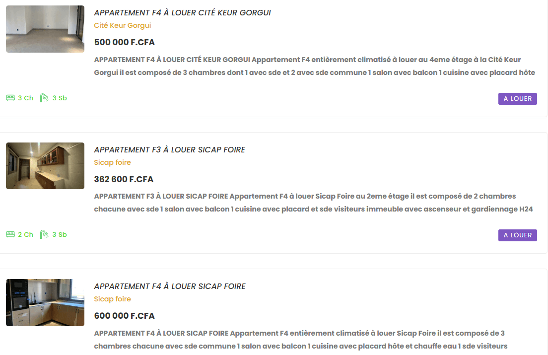 exemples de loyers à Dakar