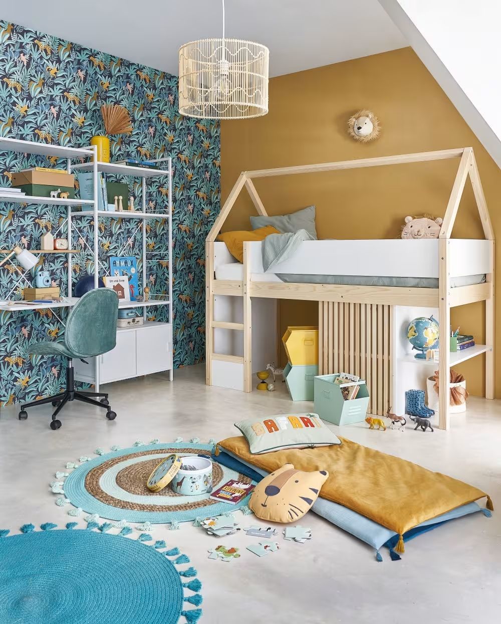 Safari - Lit cabane surelevé enfant 90x190 blanc et beige Safari - Lit cabane surelevé enfant 90x190 blanc et beige