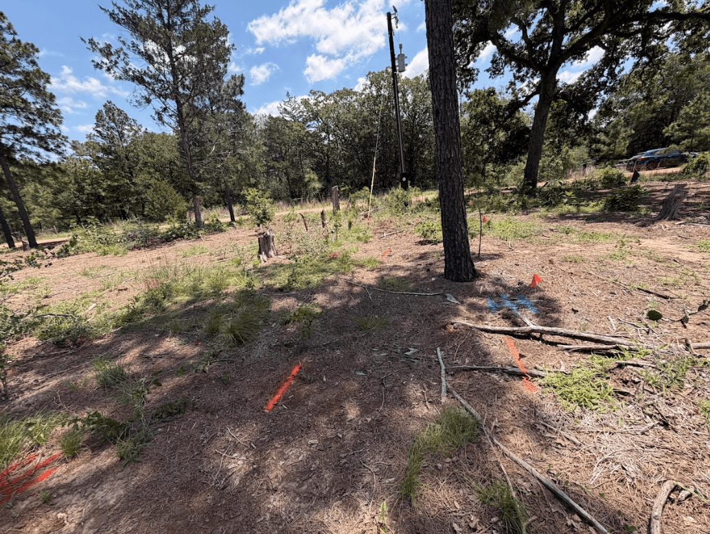 Private utility locating markings at a wooded jobsite in La Grange, TX before excavation work