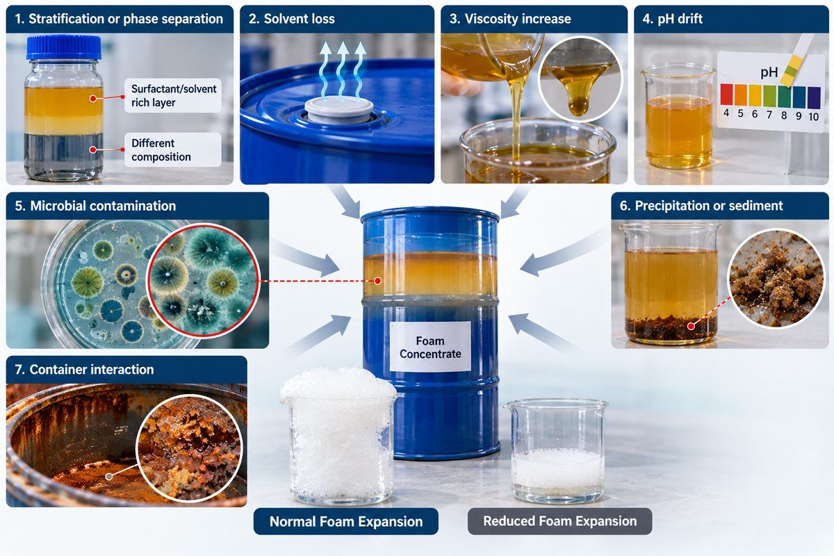Concentrated cleaning product bottles in blue and amber liquid on stainless steel surface with manufacturing equipment visible Concentrated cleaning product bottles in blue and amber liquid on stainless steel surface with manufacturing equipment visible