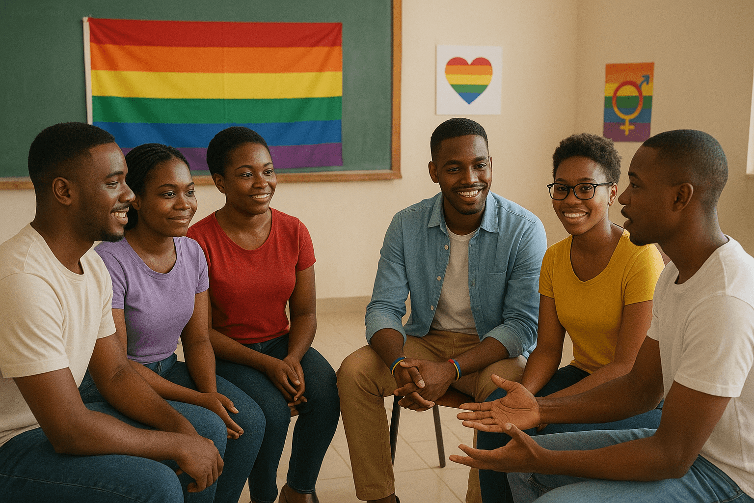 groupe de jeunes ivoiriens de la communauté LGBT assis en cercle de parole pour parler de l'élection de Don Mello groupe de jeunes ivoiriens de la communauté LGBT assis en cercle de parole pour parler de l'élection de Don Mello
