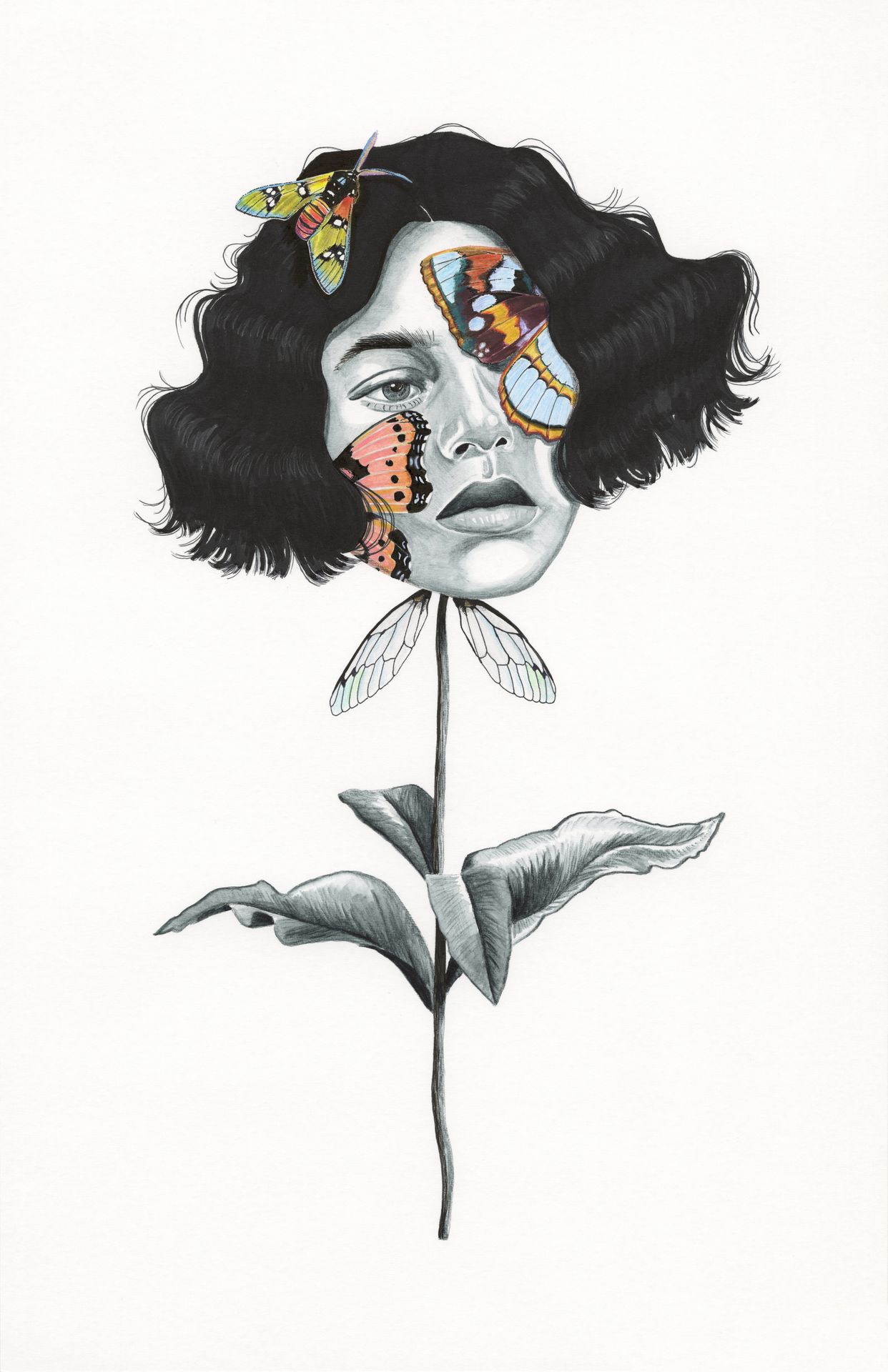 Watercolor and mixed media flowerfly figure by Jane the Stranger — wavy-haired female head as flower, colorful red and orange butterflies across face, transparent wing details on stem