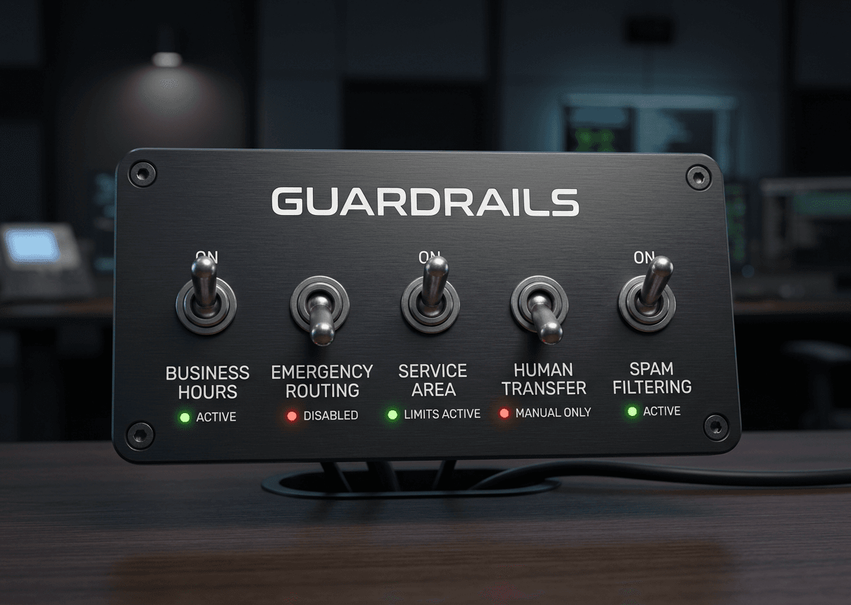 Minimal control dashboard labeled “Guardrails” with toggles for business hours, emergency routing, service area, human transfer, and spam filtering. Minimal control dashboard labeled “Guardrails” with toggles for business hours, emergency routing, service area, human transfer, and spam filtering.