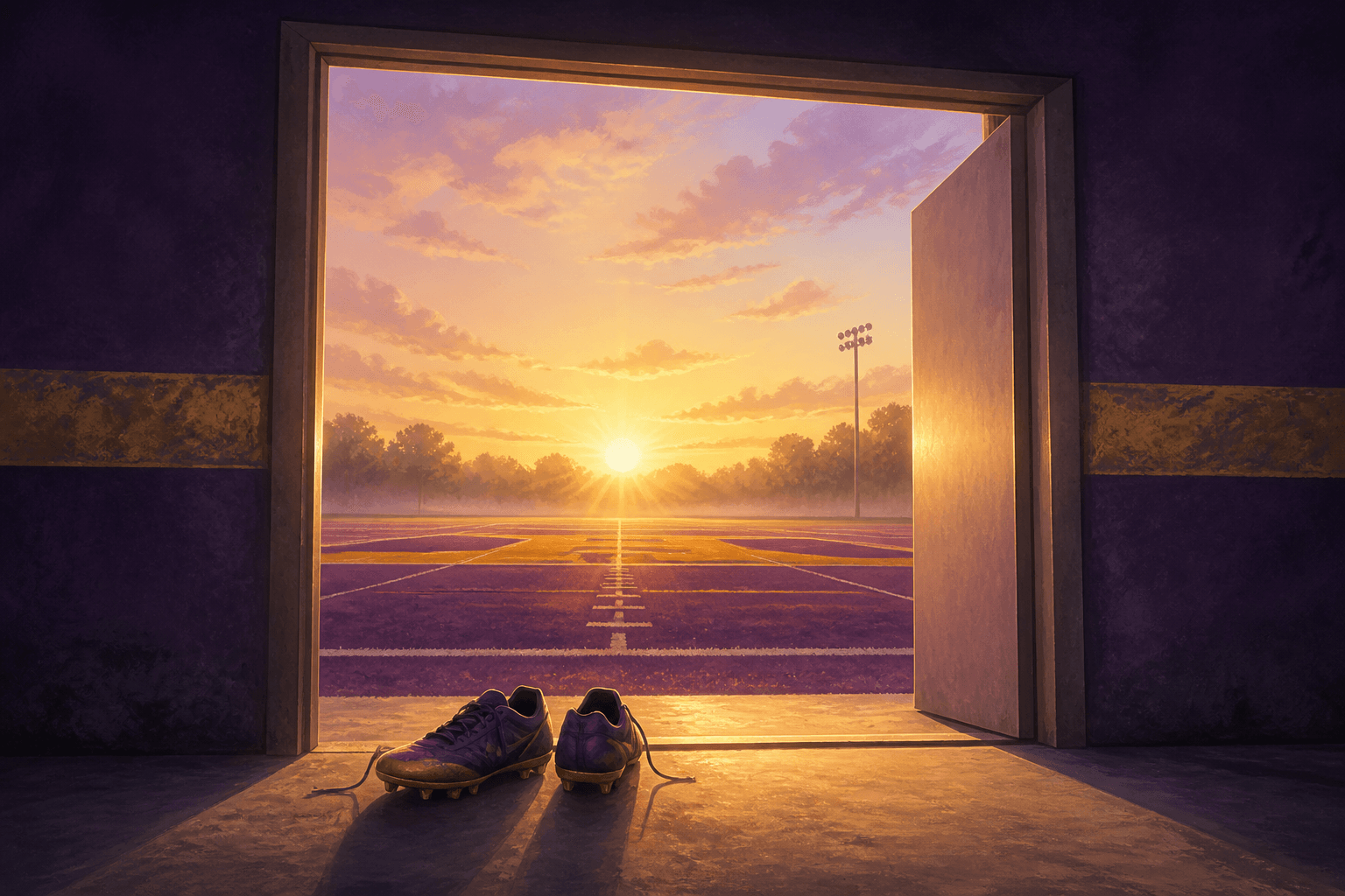 Illustration of cleats in a tunnel doorway opening onto a sunlit field