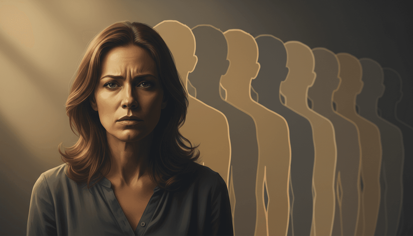 Mulher com expressão séria em primeiro plano e silhuetas humanas sobrepostas ao fundo, representando padrões emocionais e influência de gerações anteriores. Mulher com expressão séria em primeiro plano e silhuetas humanas sobrepostas ao fundo, representando padrões emocionais e influência de gerações anteriores.