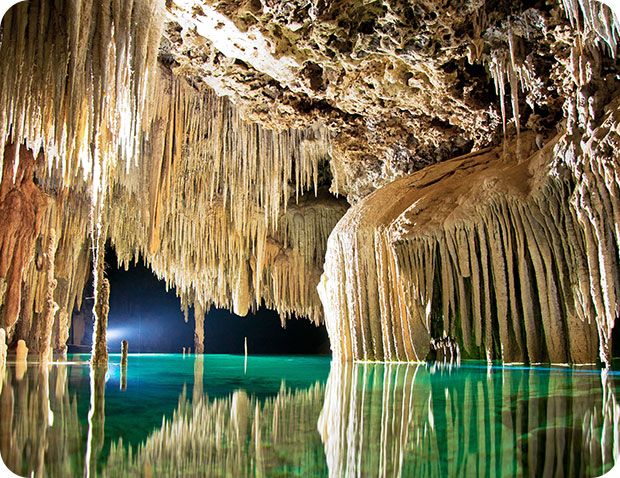 A limestone cave with long stalactites hanging over calm, green-blue water illuminated by soft light.