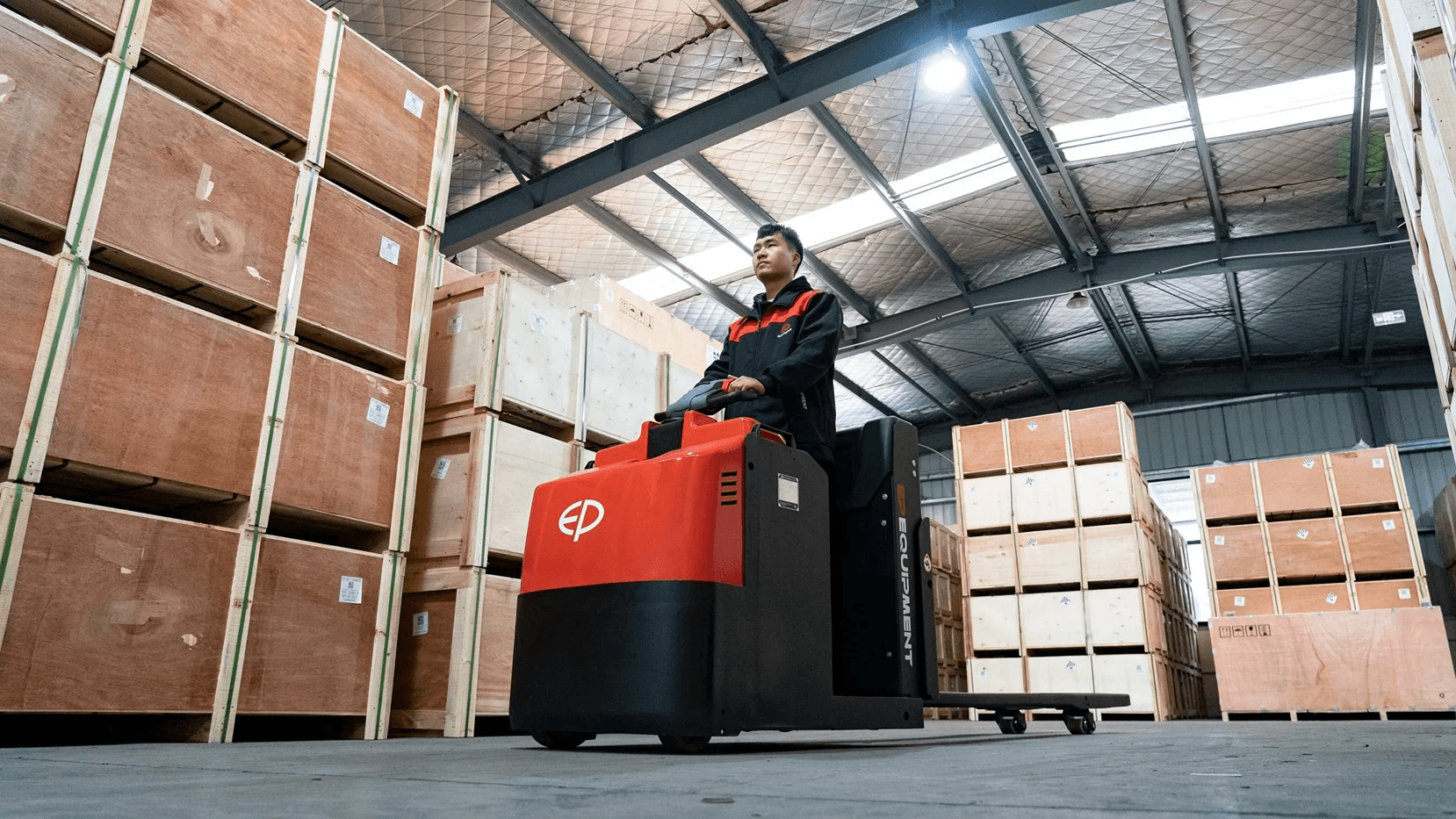 Order picker equipment in warehouse aisles