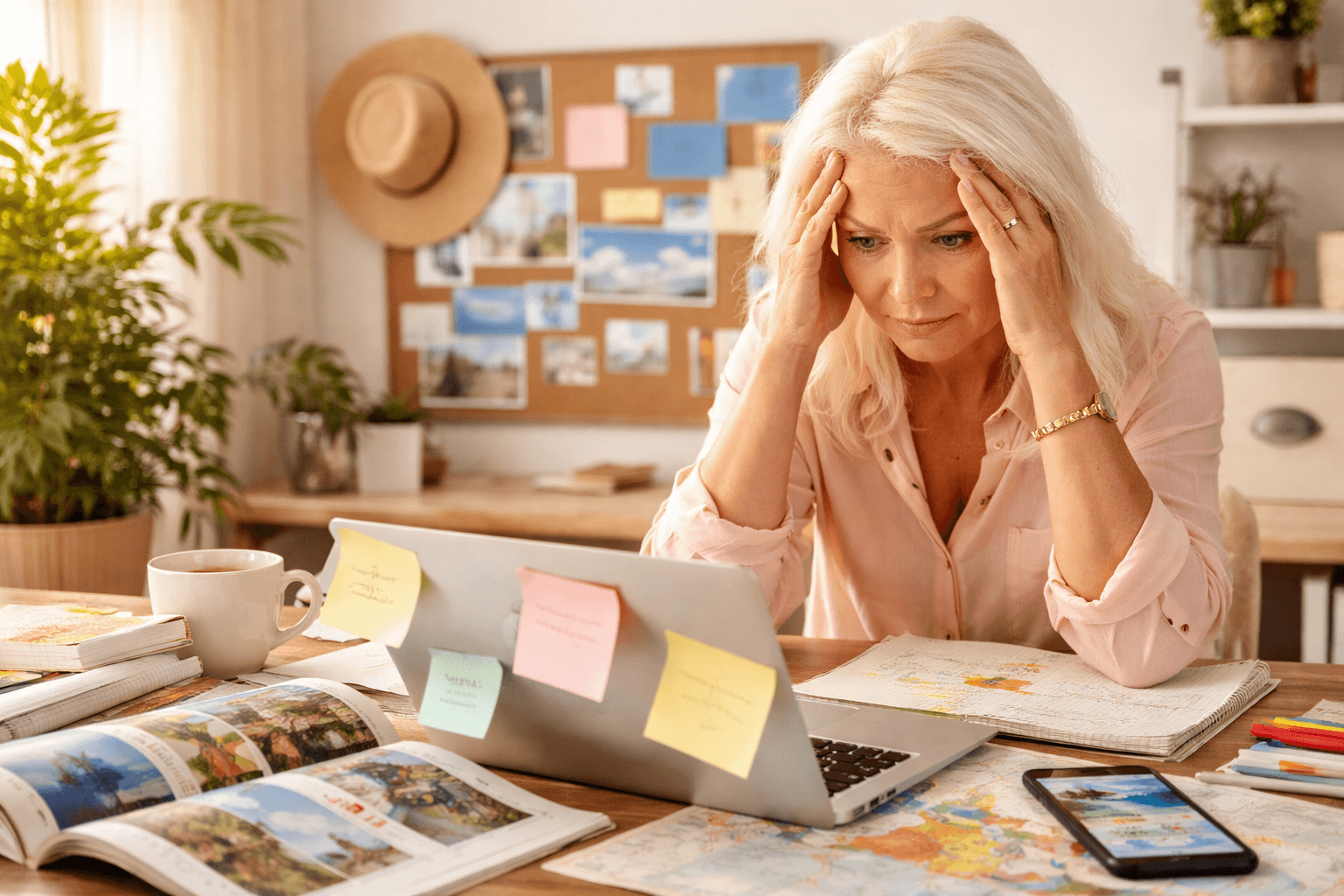 Woman overwhelmed planning a trip with maps, laptop, and notes.