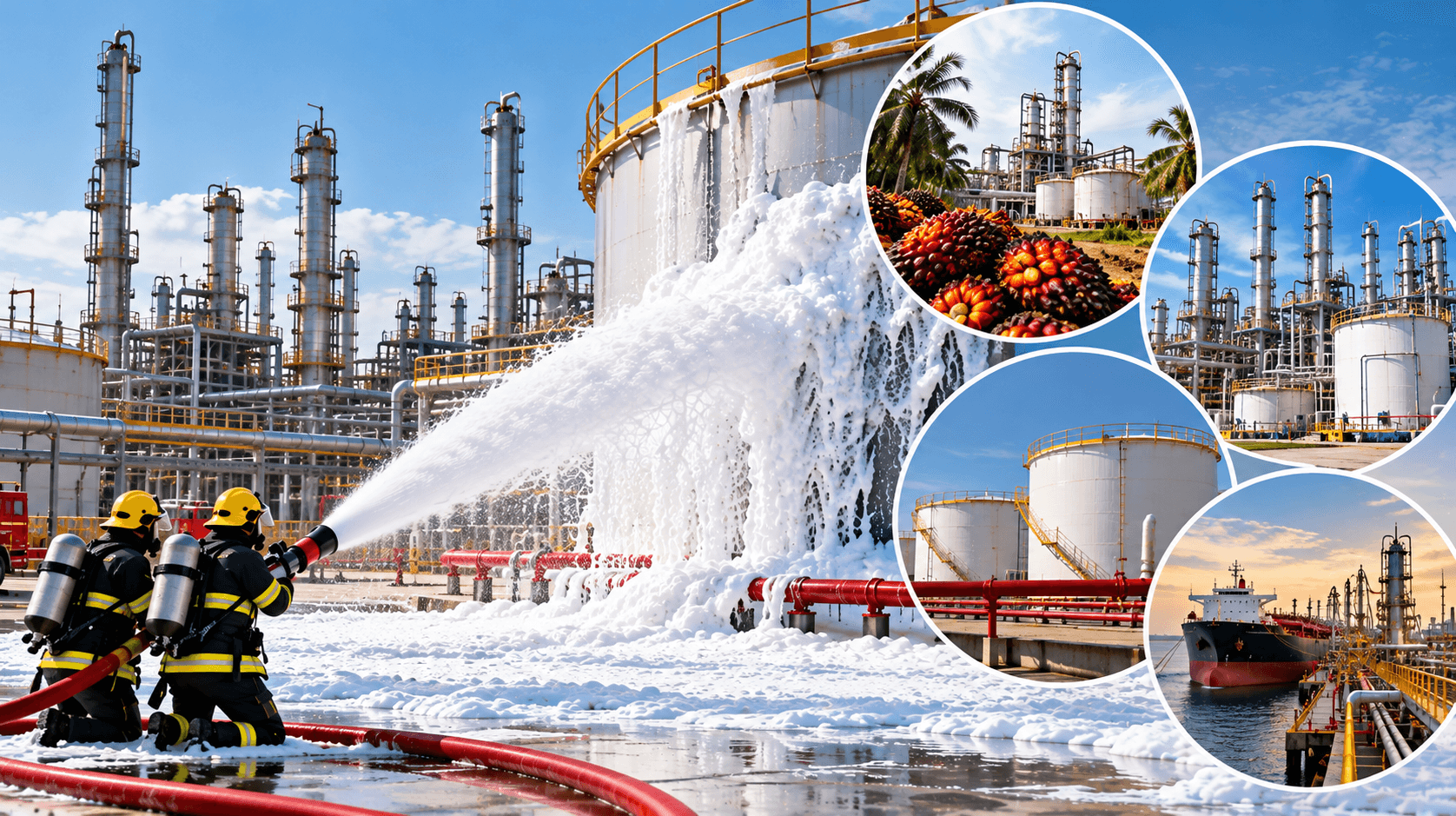 Concentrated cleaning product bottles in blue and amber liquid on stainless steel surface with manufacturing equipment visible Concentrated cleaning product bottles in blue and amber liquid on stainless steel surface with manufacturing equipment visible