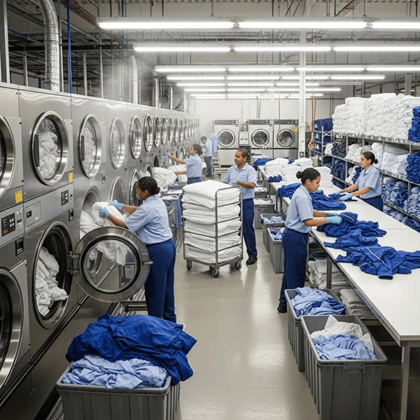 Commercial laundry facility with large-capacity machines processing bulk laundry, highlighting efficiency and professionalism