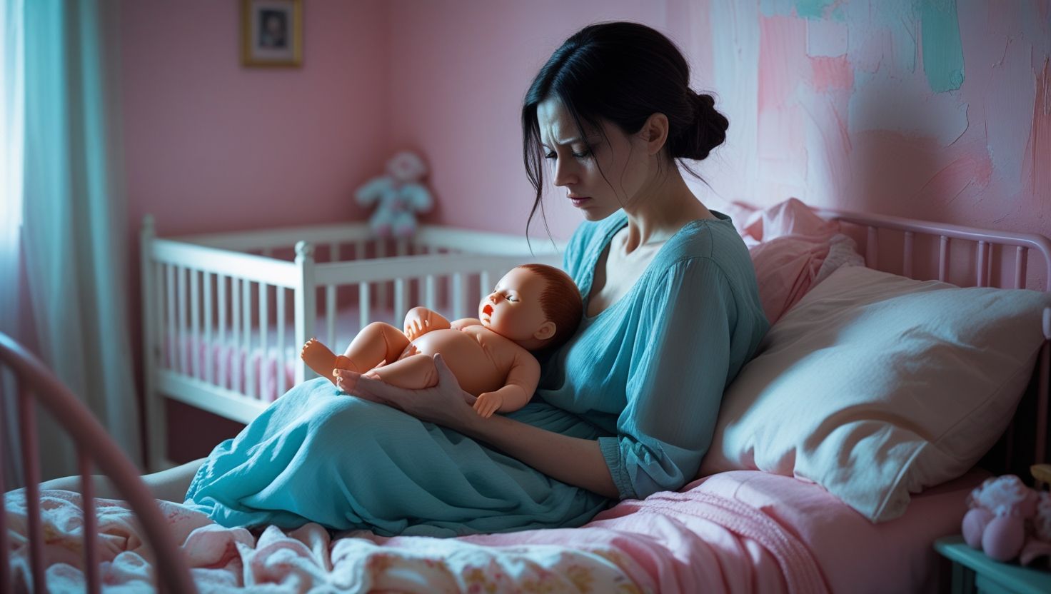 Mulher triste sentada na cama de um quarto rosa, olhando fixamente para um bebê reborn em seus braços, em clima melancólico. Mulher triste sentada na cama de um quarto rosa, olhando fixamente para um bebê reborn em seus braços, em clima melancólico.