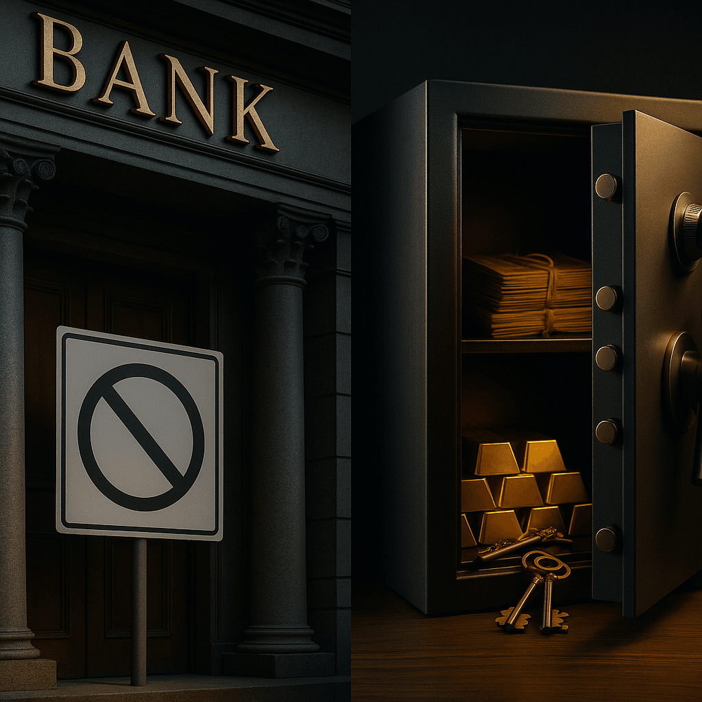 Banco cerrado en contraste con activos reales como oro y documentos, simbolizando la diferencia entre promesas bancarias y protección patrimonial real.