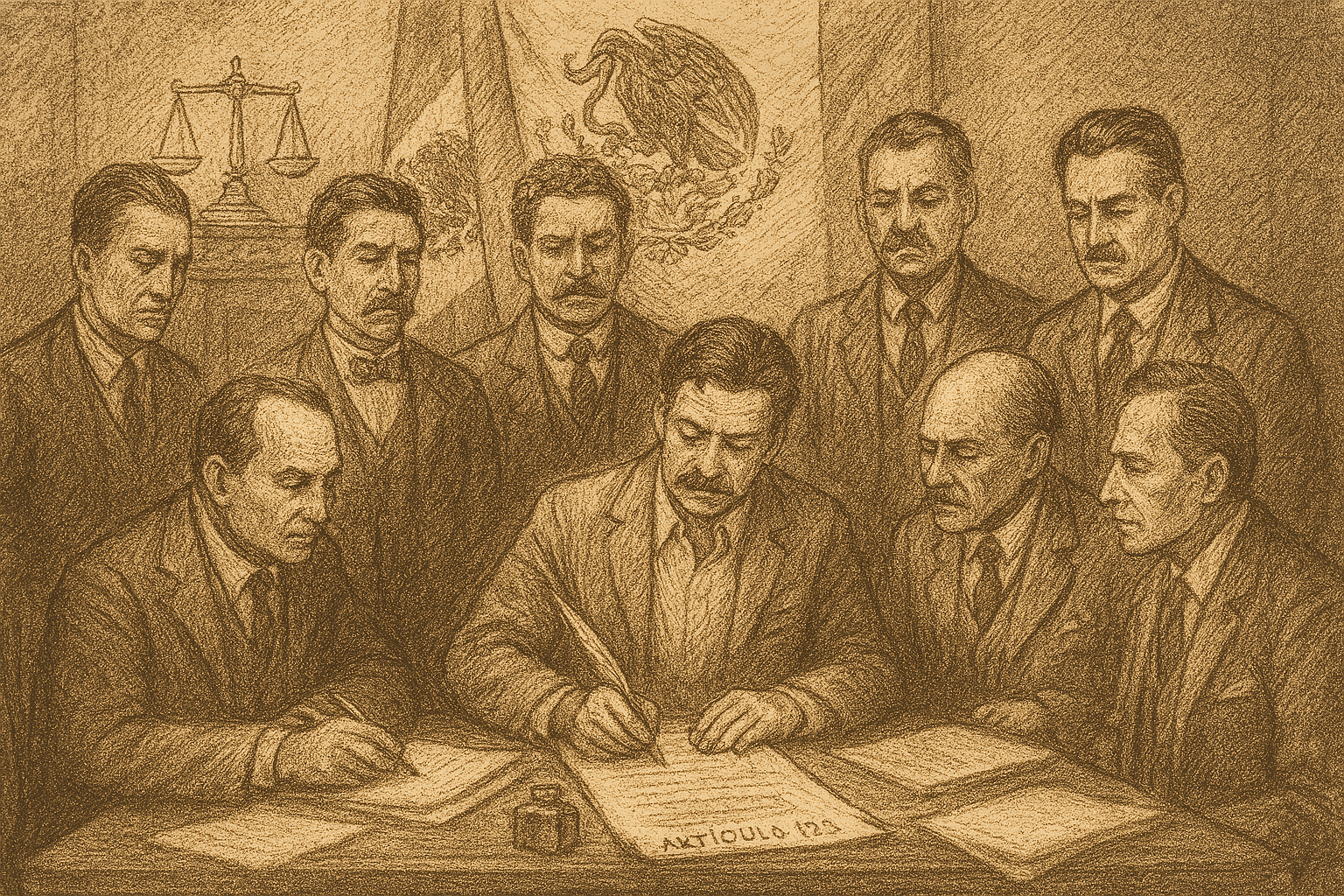 Ilustración histórica de la redacción del artículo 123 constitucional en México, con constituyentes reunidos en 1917, documentos sobre derechos laborales y símbolos patrios. Imagen académica en sepia que representa el origen de la legislación laboral mexicana.