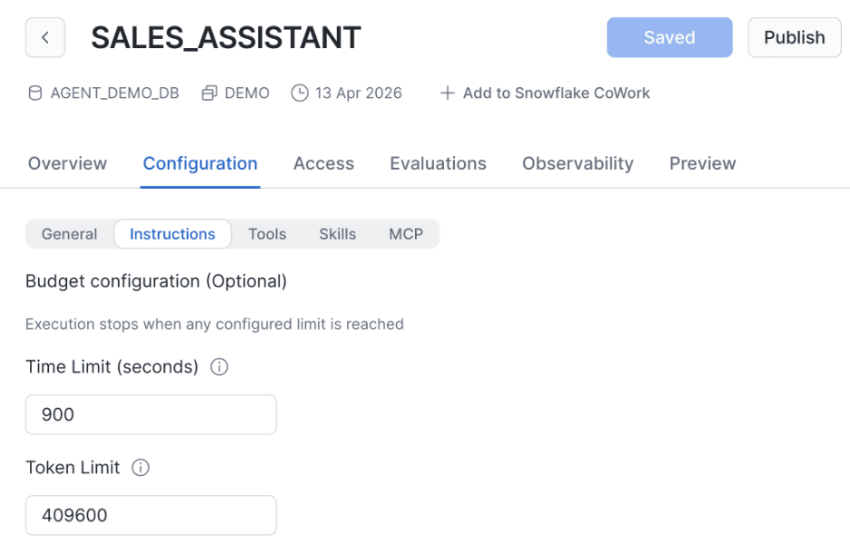 Default recommended settings for Time and Token Limits in Cortex Agent