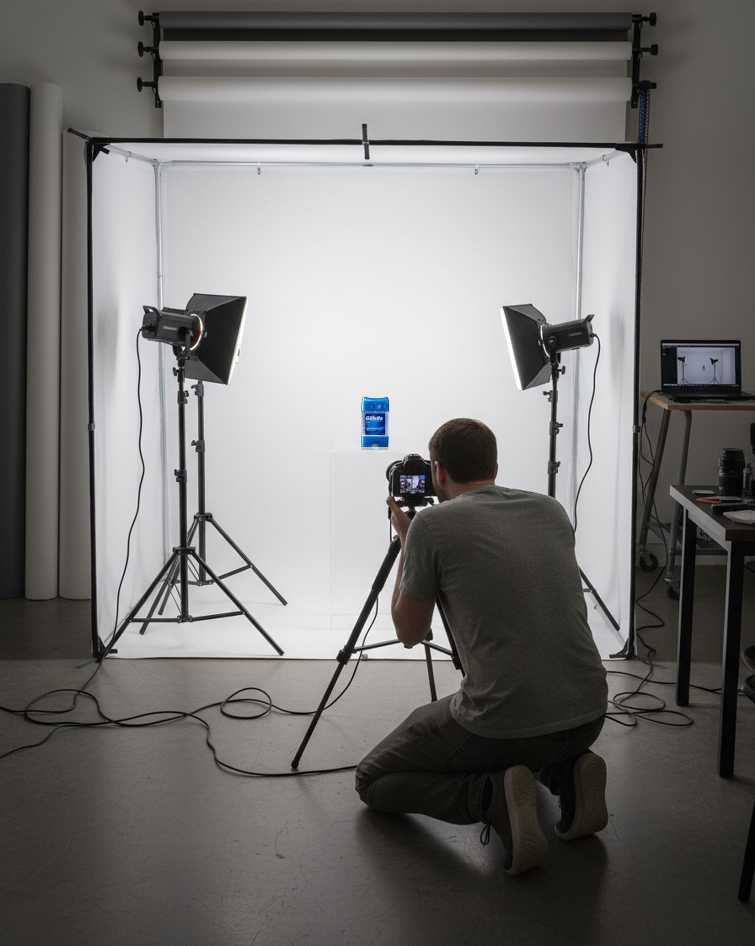 Behind-the-scenes photo of Zeid Alsayid capturing a commercial product using professional Sony lighting and camera setup in Dubai studio.