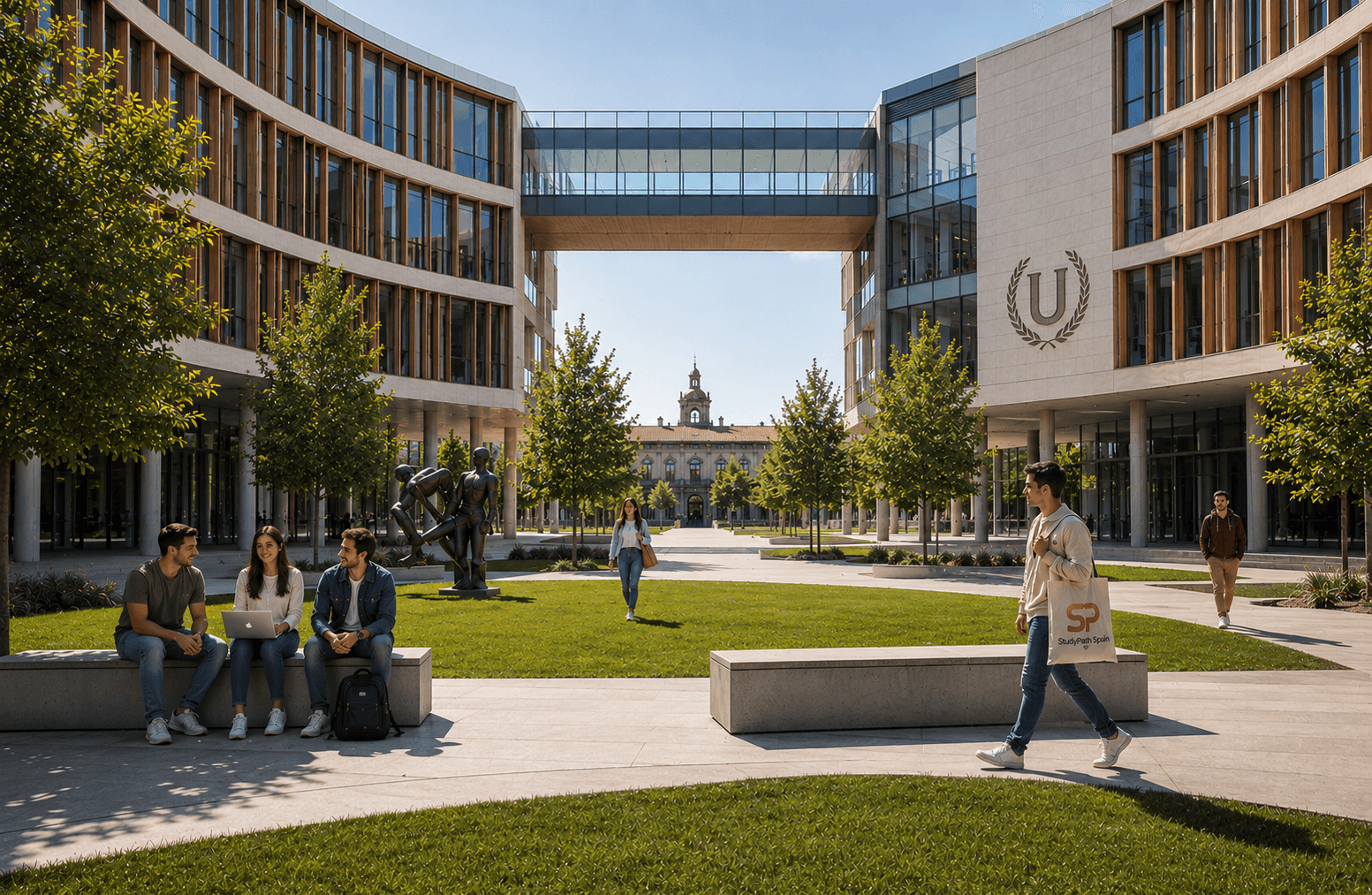Diverse students gathered outdoors on university campus engaged in walking, socializing, and studying in natural daylight Diverse students gathered outdoors on university campus engaged in walking, socializing, and studying in natural daylight