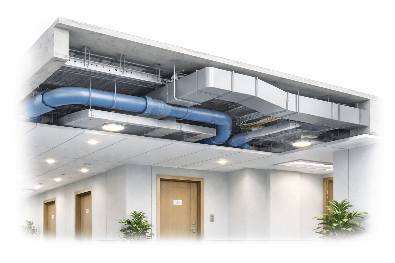 “Realistic architectural section perspective of a corridor ceiling void showing coordinated HVAC ducts, plumbing pipes, cable trays, and lighting positions relative to structure. Professional clean look, high realism, no text, landscape, high resolution.”