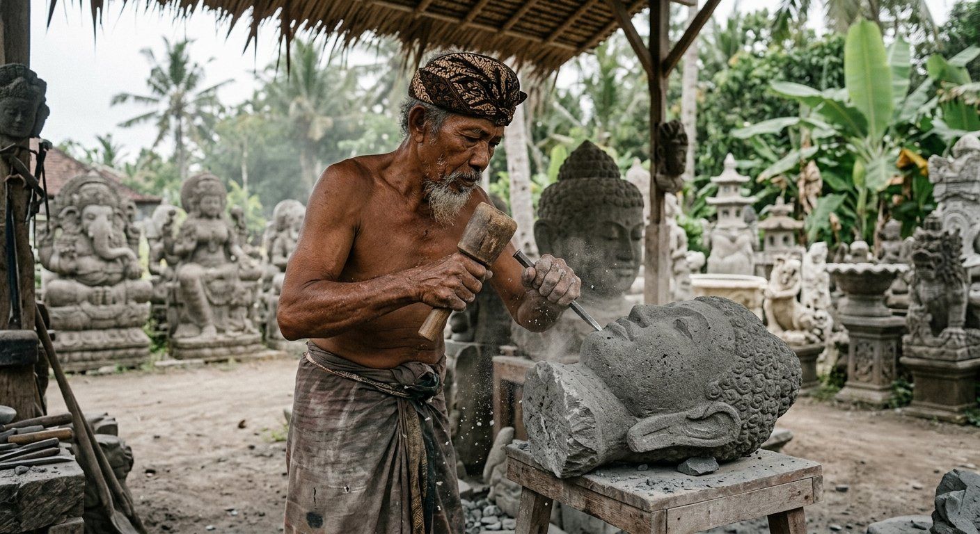 An elderly Balinese craftsman hand-carving a stone Buddha head with a mallet and chisel in an open-air stone carving workshop, surrounded by finished statues of Ganesha, Buddha, and temple guardians in Batubulan, Bali. An elderly Balinese craftsman hand-carving a stone Buddha head with a mallet and chisel in an open-air stone carving workshop, surrounded by finished statues of Ganesha, Buddha, and temple guardians in Batubulan, Bali.