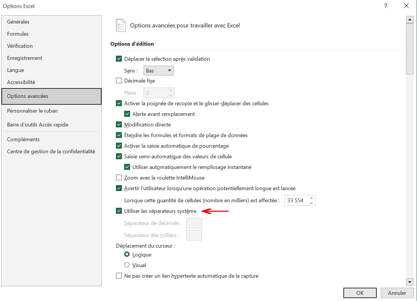 Options avancées Excel
