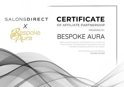 certificate of Bespoke Aura Hair Restoration Clinic partnering with Sally Beauty