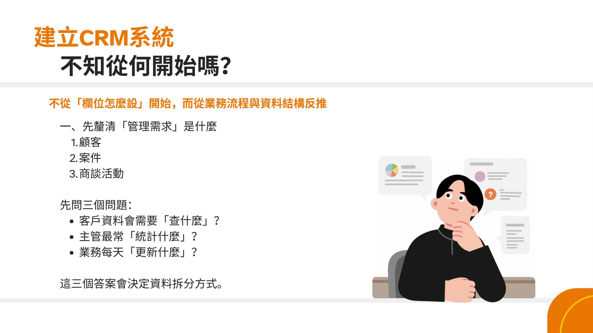 以 kintone CRM 為例,建置客戶管理系統,開始設定欄位前需先盤點管理需求與資料架構。 以 kintone CRM 為例,建置客戶管理系統,開始設定欄位前需先盤點管理需求與資料架構。