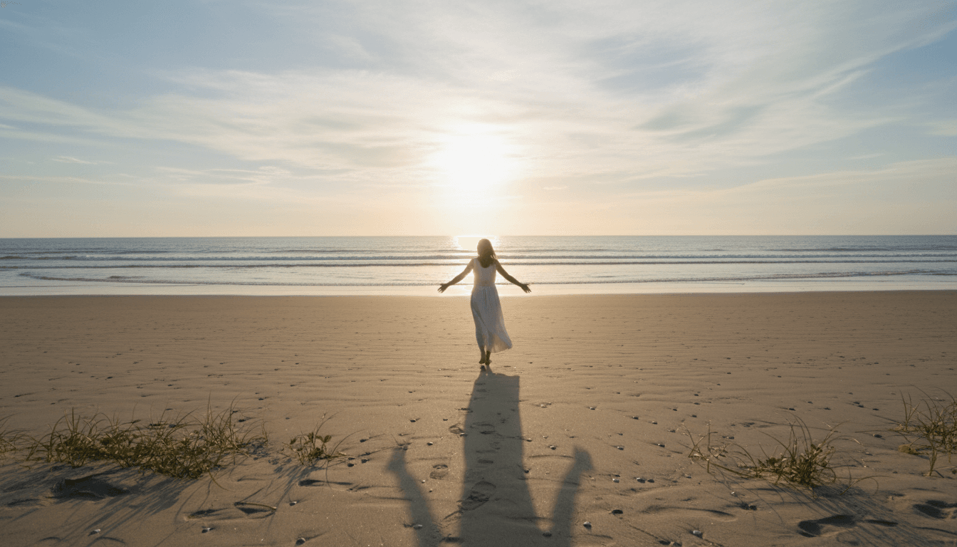 Mulher caminhando sozinha na praia ao nascer do sol, braços abertos em direção ao horizonte, luz dourada refletindo no mar e sombra projetada na areia. Mulher caminhando sozinha na praia ao nascer do sol, braços abertos em direção ao horizonte, luz dourada refletindo no mar e sombra projetada na areia.