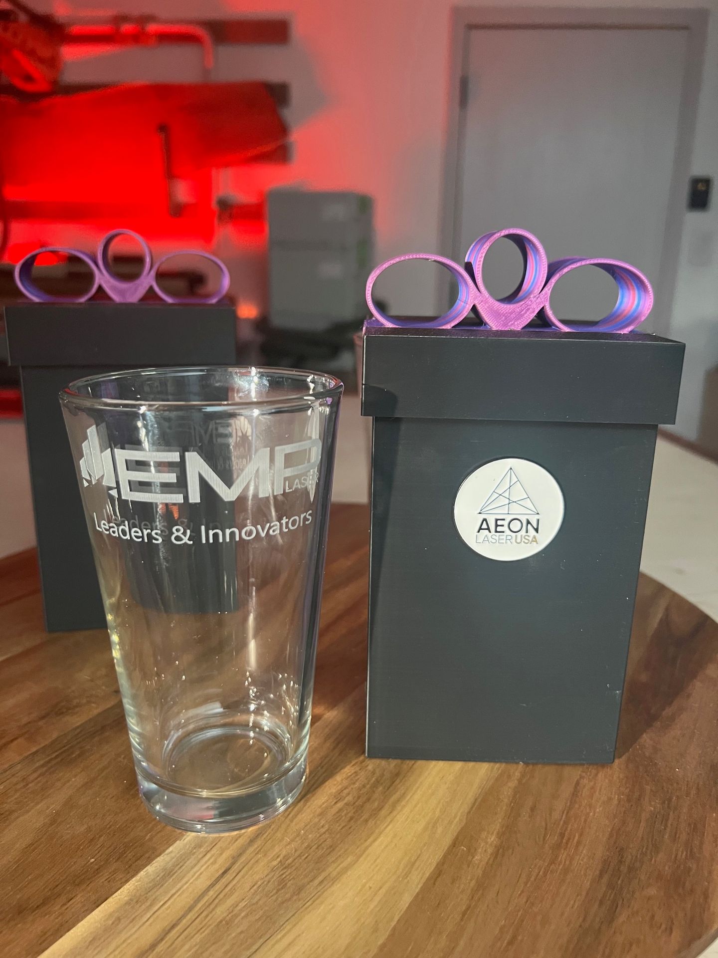 An EMP Laser 16 oz laser engraved glass