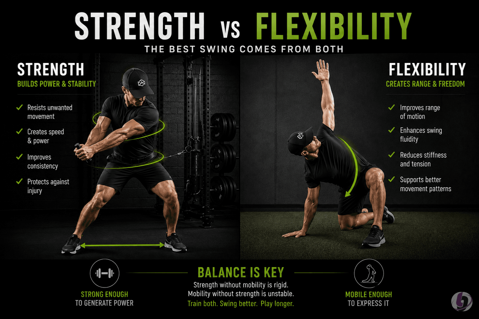 Golf fitness comparison between strength training and flexibility training showing balance of mobility, stability, and power in the golf swing