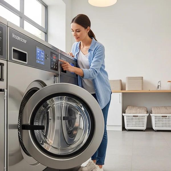 Customer using a high-efficiency washing machine in a self-service laundromat