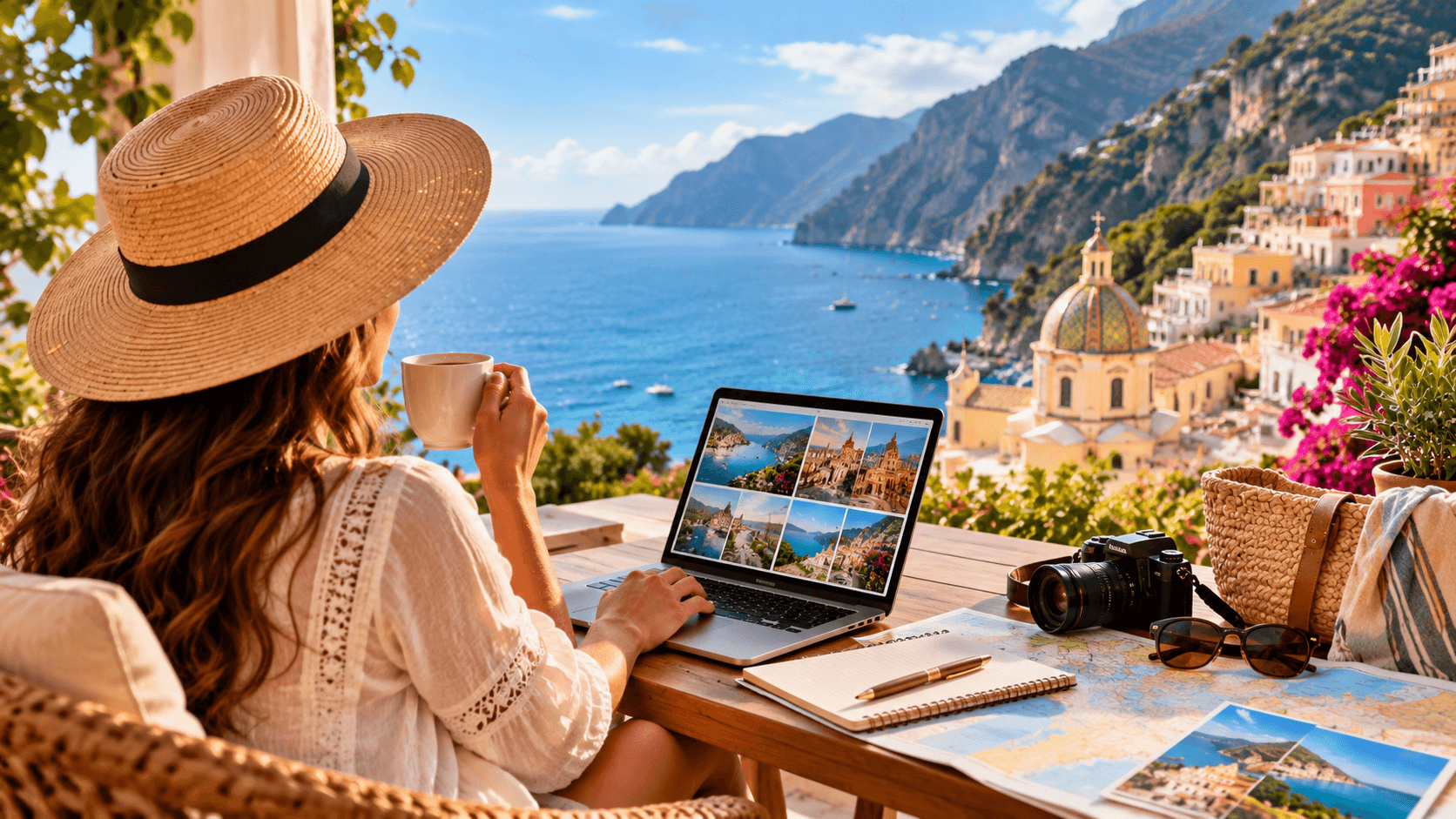 Woman enjoying coffee while exploring vacation destinations on her laptop overlooking a beautiful Mediterranean coastline. Woman enjoying coffee while exploring vacation destinations on her laptop overlooking a beautiful Mediterranean coastline.