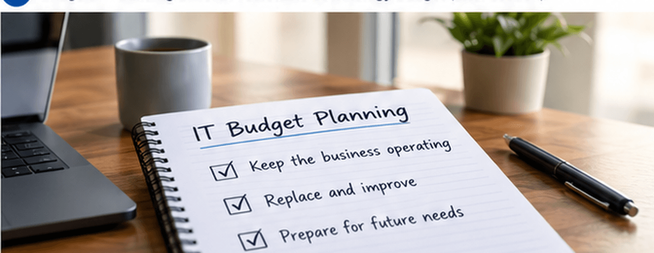 Notebook outlining technology budget priorities beside a laptop on an office desk. Notebook outlining technology budget priorities beside a laptop on an office desk.